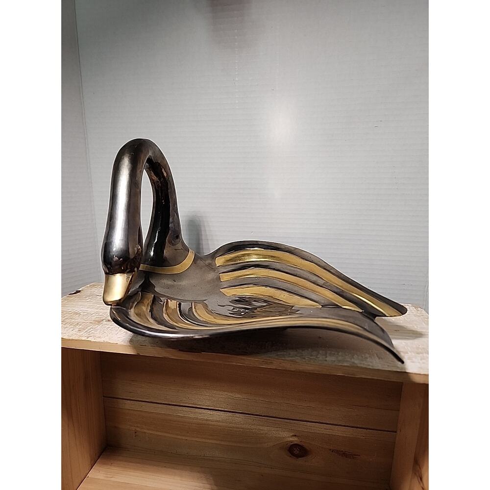 Brass Silvertone Shallow Swan Footed Dish Vintage